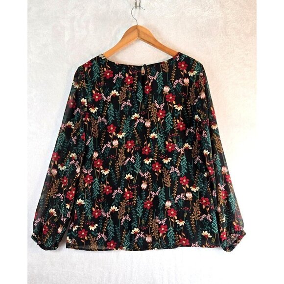 Floral Blouse Black Multi Color Nine West S Long Sheer Sleeve Lined Body Career - Picture 6 of 13